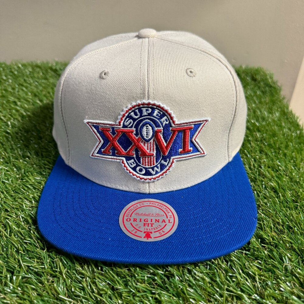 Mitchell & Ness NFL Super Bowl XXVI Snapback Hat Cream Blue Vintage Logo NEW